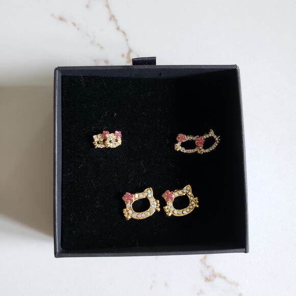 Hello Kitty Inspired Rhinestone Earrings Set 3 Gold Tone Pink Bow Crystal Gift - Picture 2 of 2